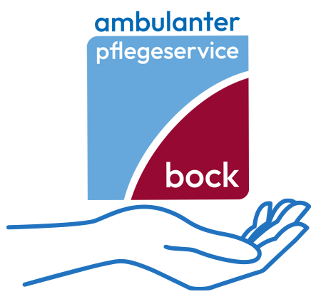 filigran gezeichneter Hand in hellblau mit dem Pflegeservice Bock Logo darüber